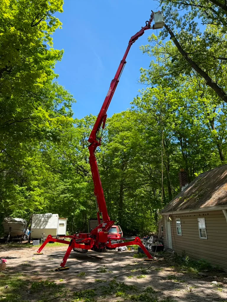 Spider lift with extended boom performing tree removal next to a home in Western NY