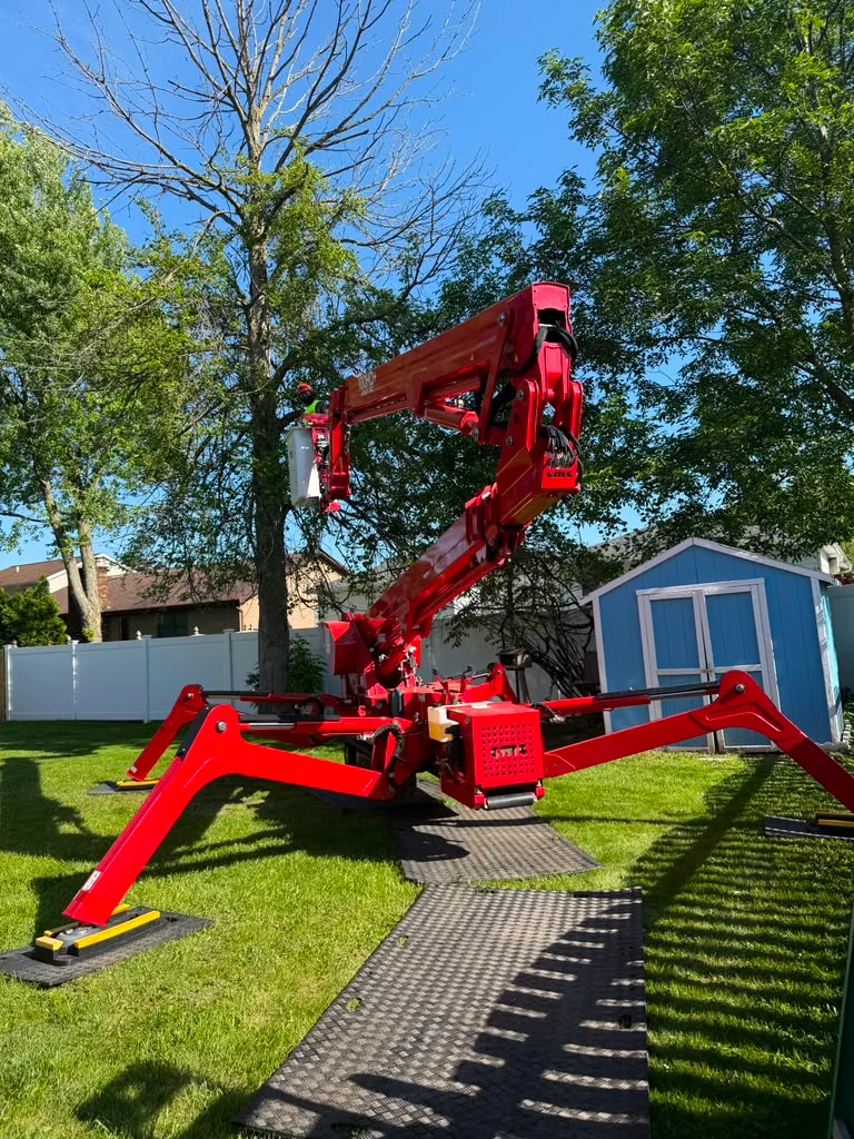 Tree service spider lift set up on lawn protection mats to avoid damaging the yard